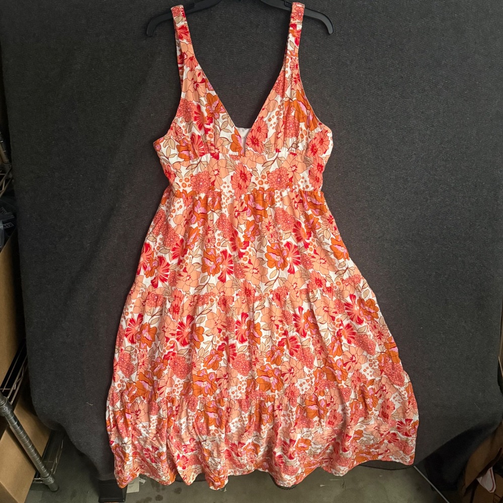 Orange Floral Tiered maxi Dress v neck Retro Summer‎ Boho Cottage Dainty Preppy